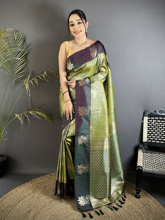 Joban Fashion Olive Green Intricate Zari Weaving Soft Silk Dharmavaram Saree