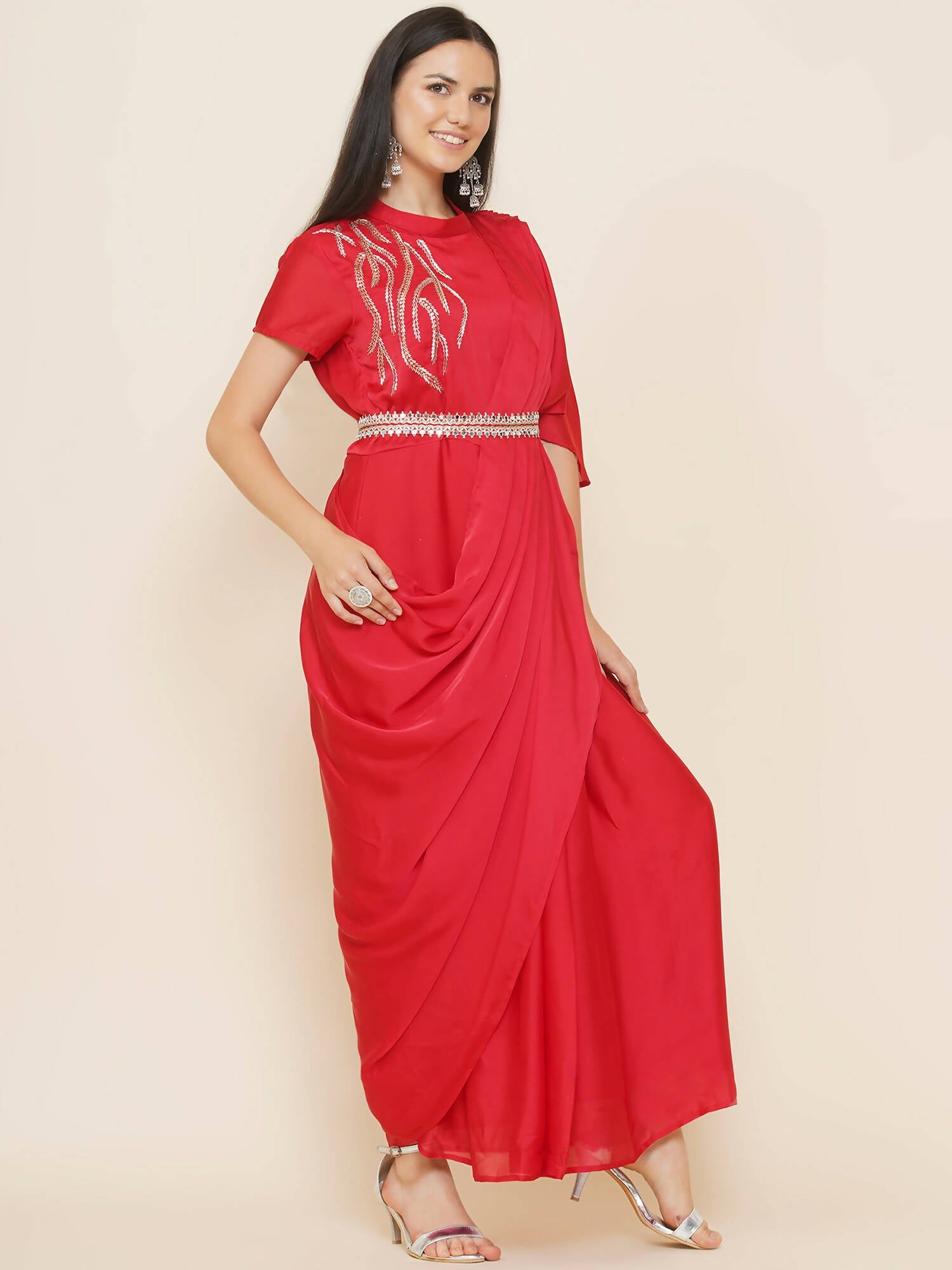 Women Republic Red Hand Embelleshed Gown With Drape - Grab2buy