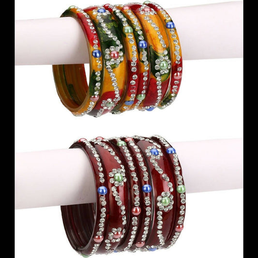 Afast Bridal Wedding & Party Fashionable Colorful Glass Bangle/Kada Set, Pack Of 12 - Yellow, Maroon | Grab2Buy