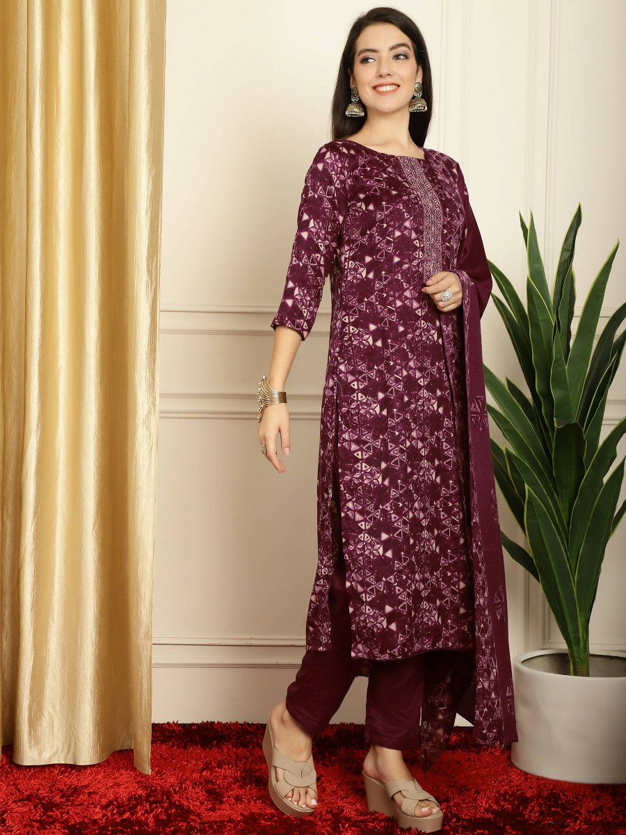 Aastha Fashion Women's Wine Pashmina Floral Digital Printed Kurta with Trouser & Dupatta - Grab2buy