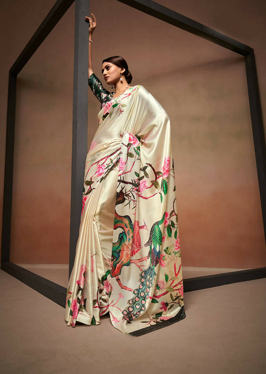 Beige Satin Digital Printed Saree with Unstitched Blouse Piece - Jodha