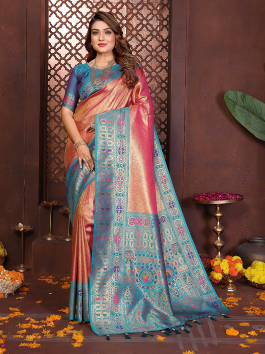 Aastha Fashion Orange Tissue Silk Weaving Saree