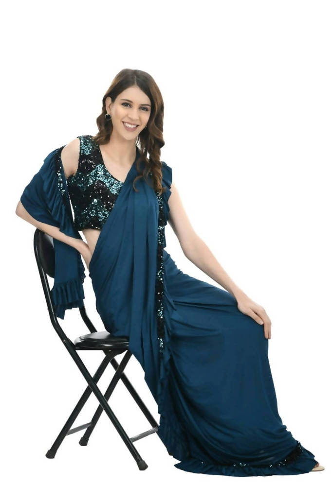 All Season Wear Peacock Blue And Black Ruffled Ready To Wear Saree
