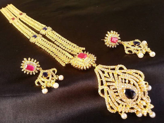 Blue & Pink AD Bridal Long Necklace Set Grab2Buy Mokshi Collections Grab2Buy