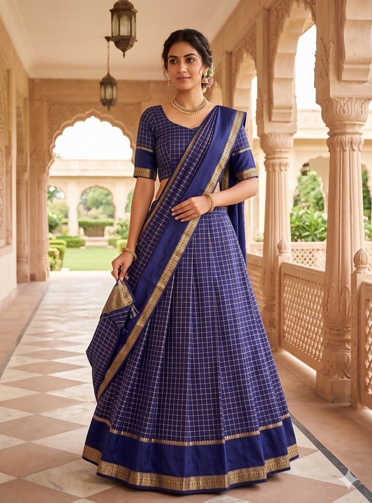 Teeya Creation New South Indian Silk Checked Half Saree Lehenga Choli with Zari Border-Navy-Blue