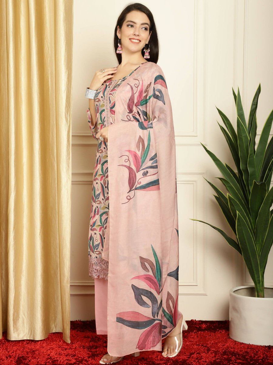 Aastha Fashion Women's Pink Muslin Digital Printed with Embroidered Lace work Kurta with Trouser & Dupatta - Grab2buy