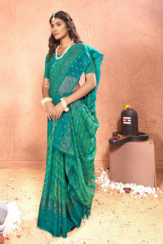 Sea Green Chiffon Foil Printed Saree with Unstitched Blouse Piece - Rajal