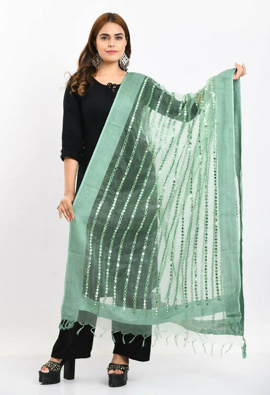 Mominos Fashion Moeza Women's Orgenza Mirror Stripe Thread Work Pista Green Dupatta
