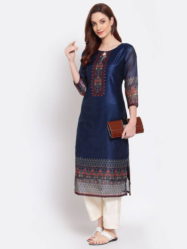 Myshka Women's Navy Blue Printed Chanderi Silk 3/4 Sleeve Round Neck Casual Kurta