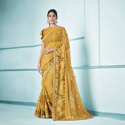 Mustard Lycra sequence Saree with Unstitched Blouse Piece - Norita Elaura