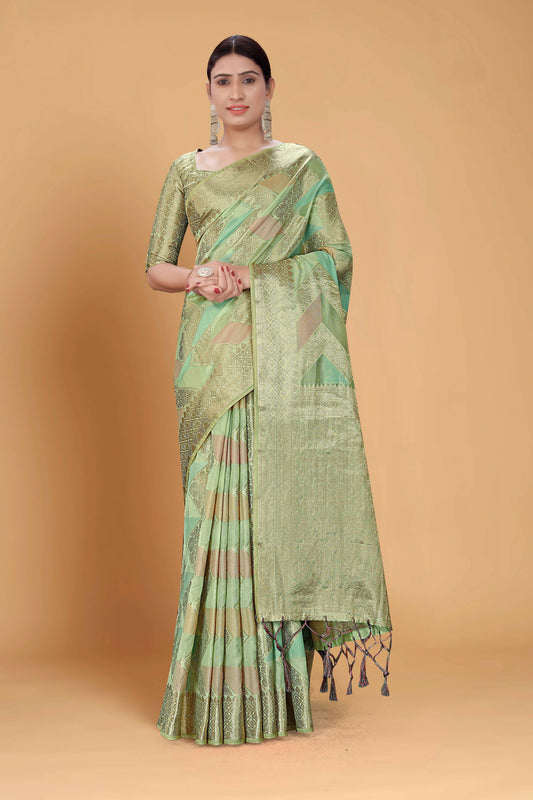 Sea Green Soft Organza Woven Design Saree With Unstitched Blouse Piece - Zaara