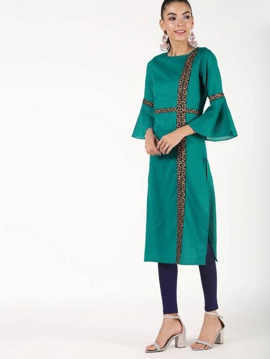 Aniyah Cotton Bell Sleeve Solid Straight Kurta In Turquoise Color (AN-147K) | Grab2Buy