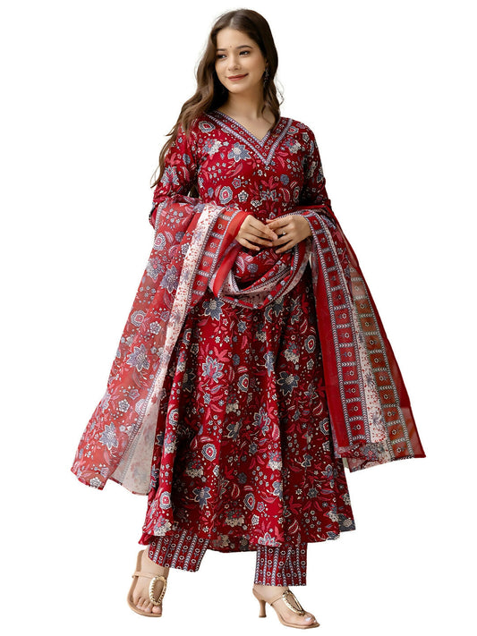 The52 Maroon Women's Gorgeous Rayon Fabric Printed Work Flared Kurta, Pant and Dupatta Set | Grab2Buy