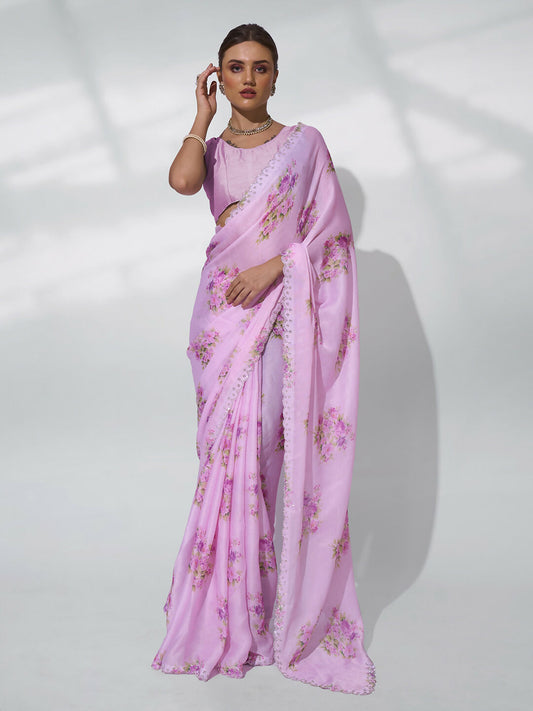 Pink Satin Shimmer Designer Printed Saree - Shezlin