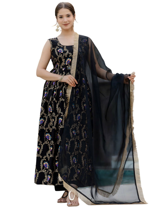 The52 Black Women's Gorgeous Printed Muslin Fabric Flared Kurta Pant and Dupatta Set | Grab2Buy