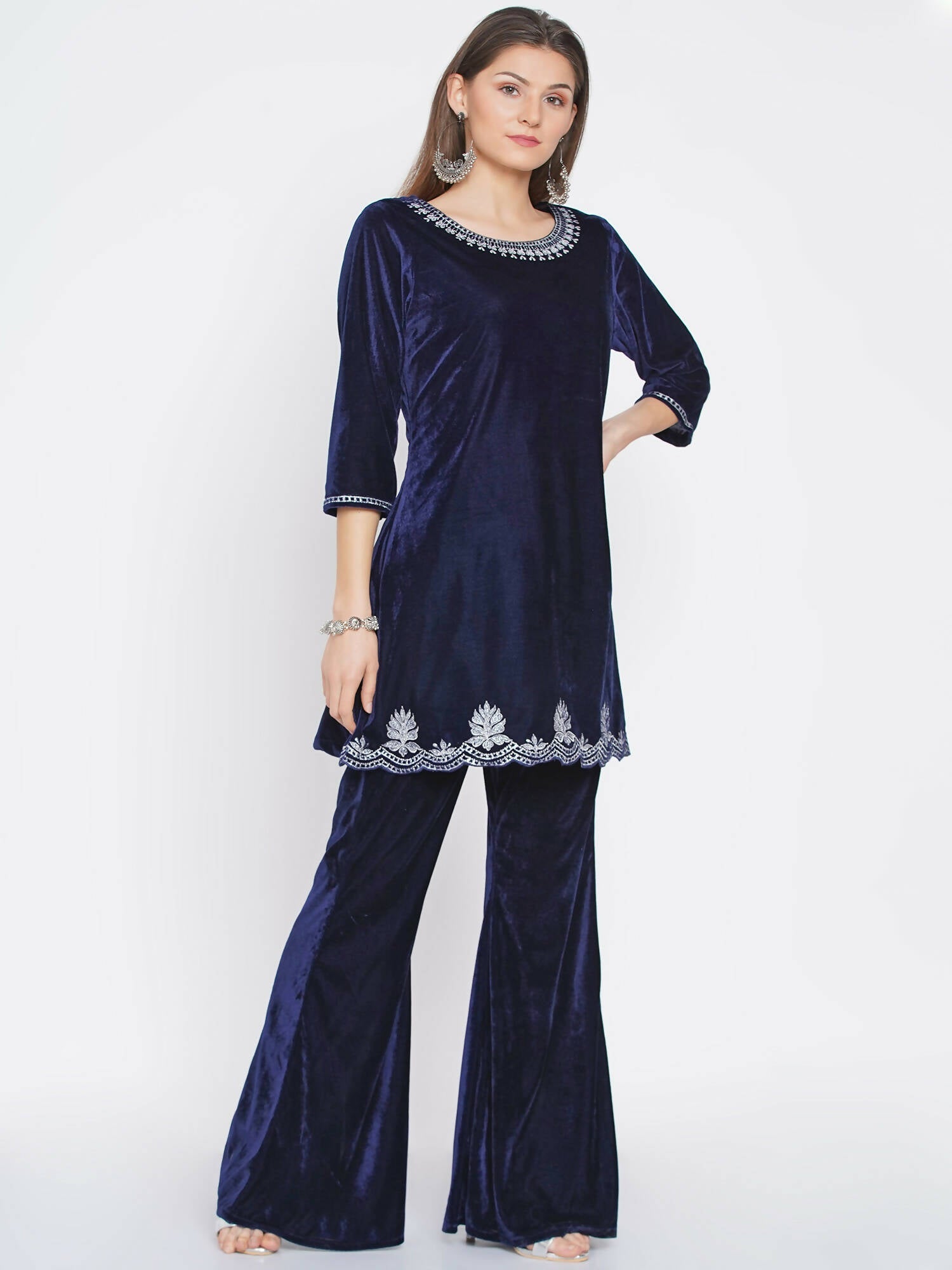 Women Republic Navy Blue Velvet Embroidered Kurta With Bellbottom Pants - Grab2buy