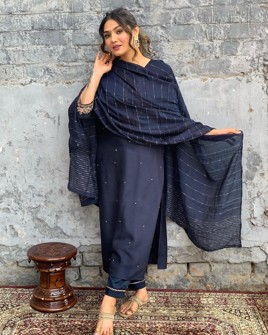 The52 Blue Women's Gorgeous Embroidered Viscose Chanderi Fabric Straight Kurta Pant with Dupatta Set | Grab2Buy