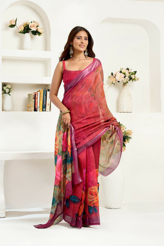 Joban Fashion Onion Pink Floral Linen Ready To Wear Saree With Unstitched Blouse