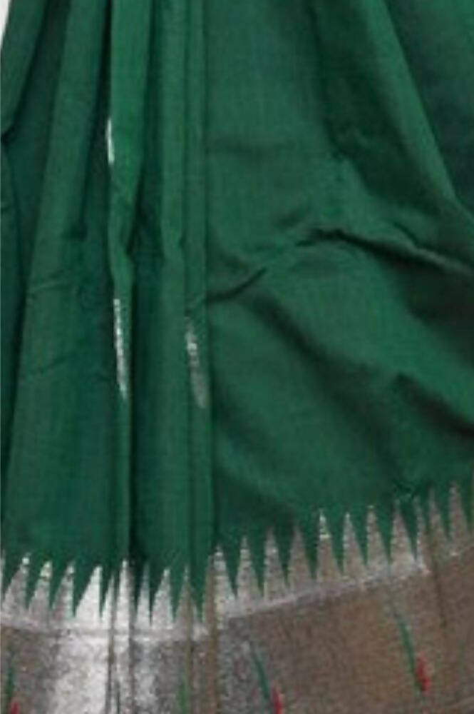 Very Much Indian Handloom Dark Green Muniya Border Cotton Paithani With Parrot Pallu - Grab2buy