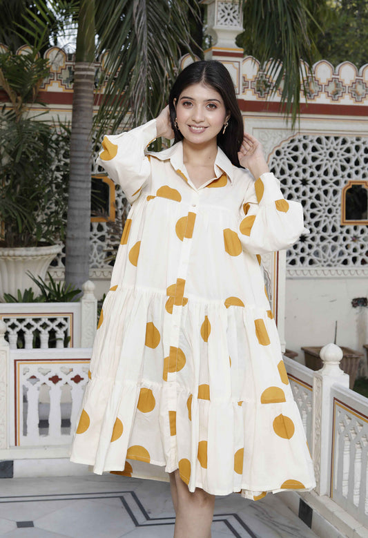 Miravan Women's Polka Dot Printed Pure Cotton Yellow Loose Fit A-Line Tiered Dress