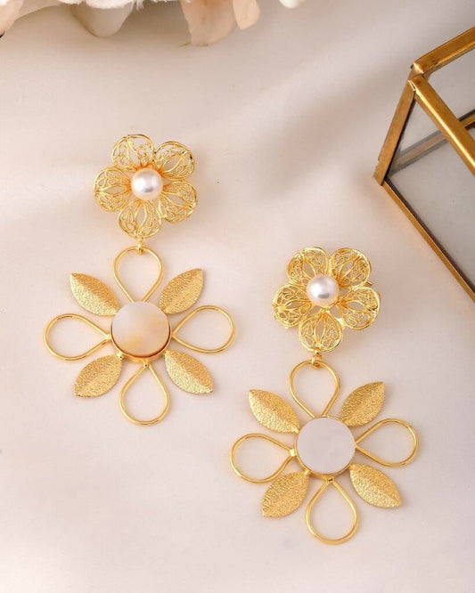 VOJ Gold-Polished Pearl Studded Flower Shaped Drop Earrings | Grab2Buy