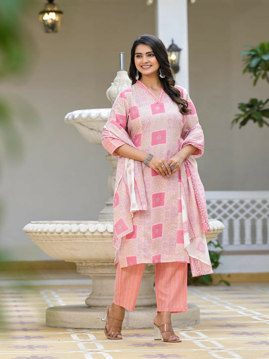 Juniper Women's Pink Floral Printed Cotton Kurta Set With Thread Work