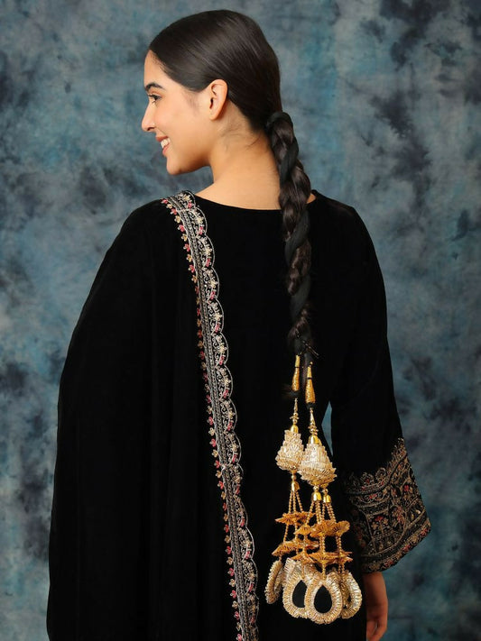 Ruby Raang Gold Gota Pati Work And Black Thread And Mirrors With Gold Stones