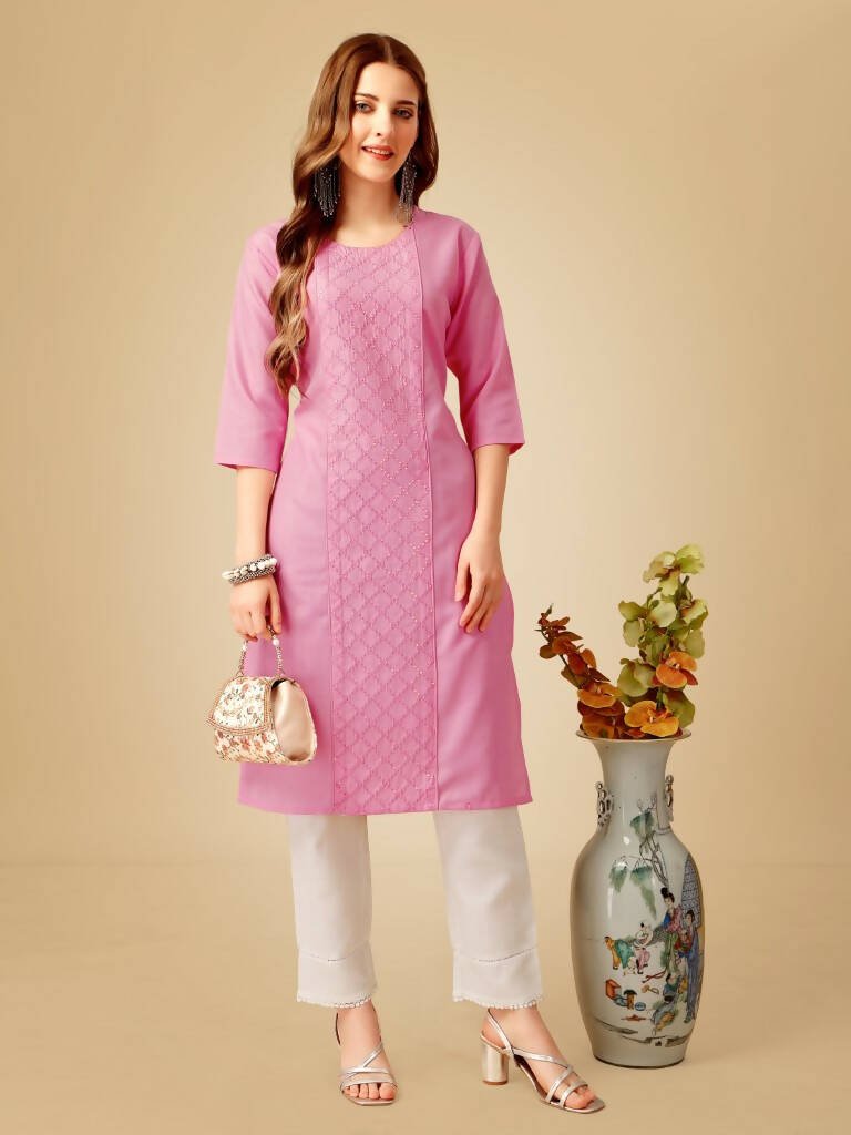 Aastha Fashion Women's Pink Cotton Blend Embroidered Kurta Pant Set - Grab2buy