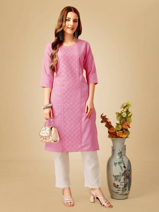 Aastha Fashion Women's Pink Cotton Blend Embroidered Kurta Pant Set - Grab2buy