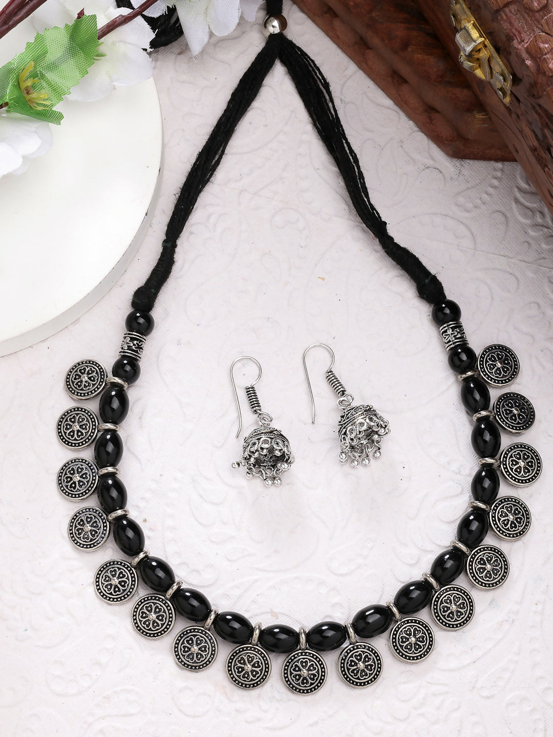 NVR Women's Black Silver-Plated Choke Oxidized Necklace with Jhumka Earrings - Grab2buy
