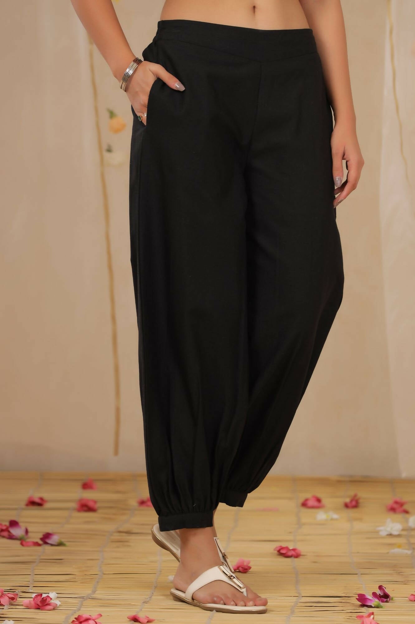Juniper Women Black Cotton Flex Solid Stylized Dhoti Pant - Grab2buy
