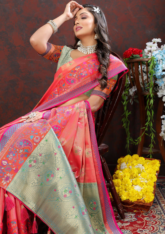 Lorenvalley Fashion Peach Kanjivaram Silk Woven Design with Zari Weaving Saree | Grab2Buy