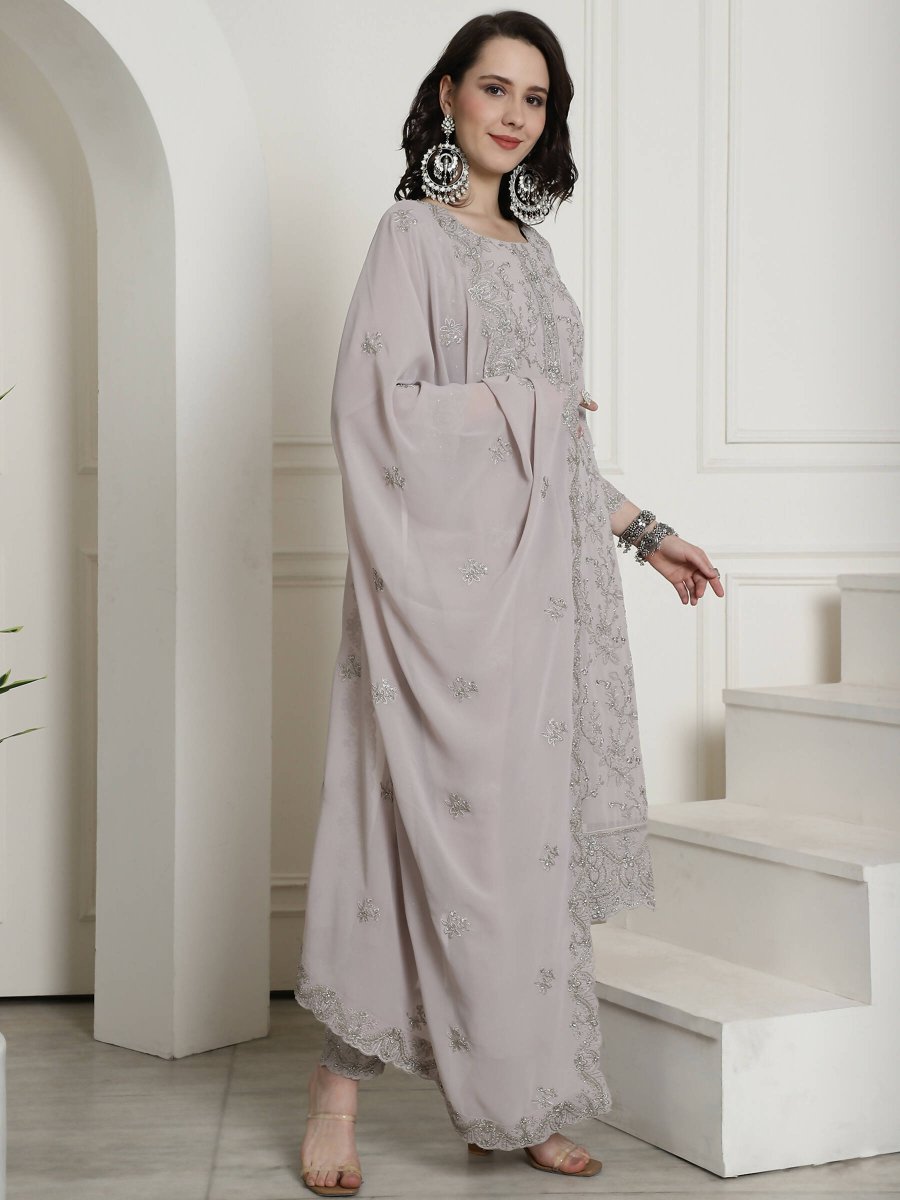 Aastha Fashion Women's Grey Georgette Floral Resham Thread with Cording & Crystal work Kurta with Trouser & Dupatta - Grab2buy