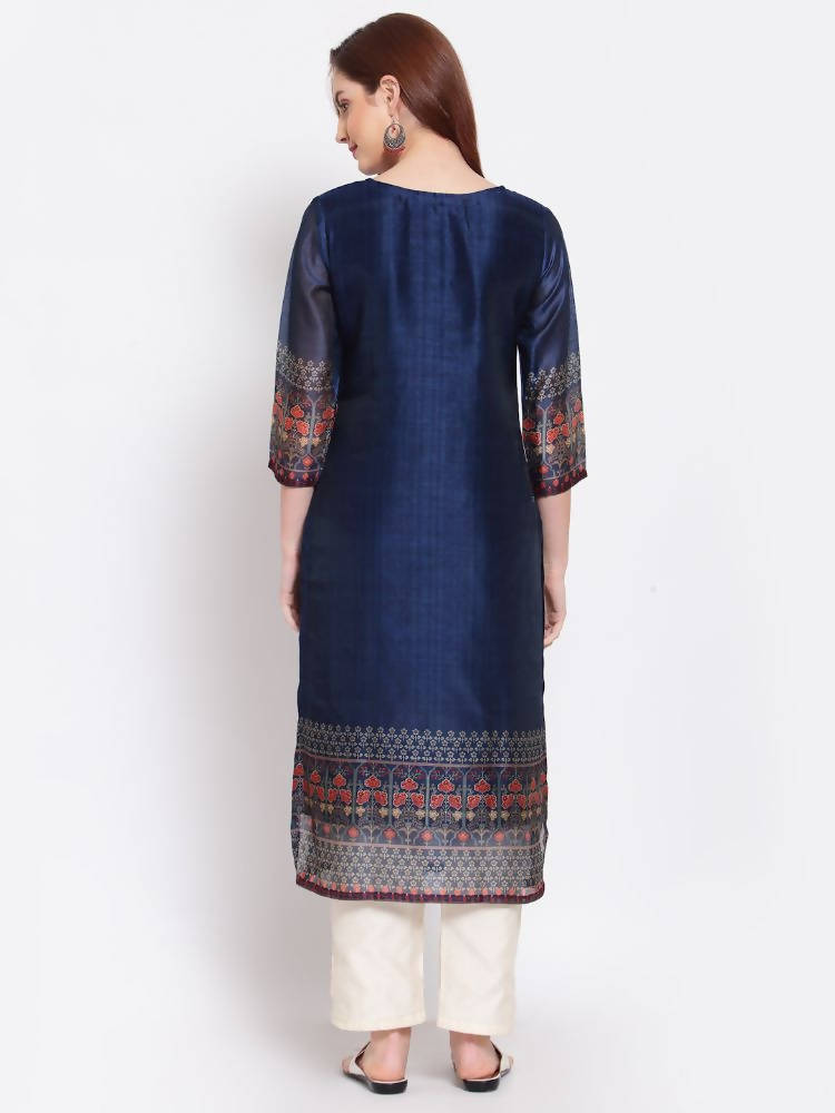 Myshka Women's Navy Blue Printed Chanderi Silk 3/4 Sleeve Round Neck Casual Kurta
