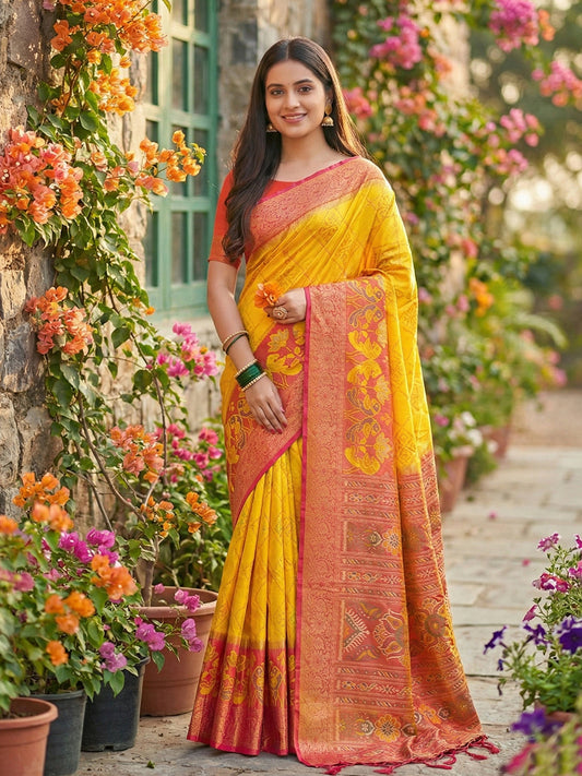Anaita Yellow Pochampally Printed Saree With Blouse