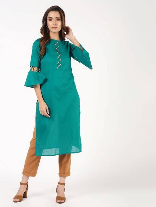 Aniyah Cotton Criss Cross Bell Sleeves Blue Straight Kurta (AN-143K) | Grab2Buy