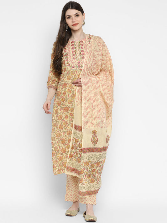 NOZ2TOZ Women Cream Cotton Kurta with Pant & Dupatta (3pcs Set)
