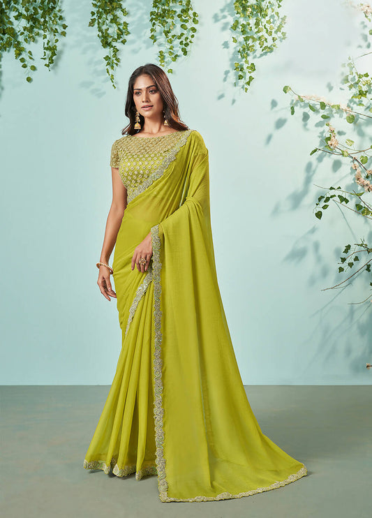 Green Barbarie Chiffon Solid Saree With Unstitched Blouse Piece - Norita Ikshita