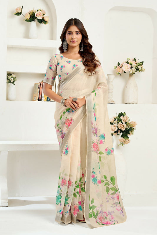 Vastranavya Cream Digital Printed Linen Ready To Wear Designer Grab2Buy with Unstitched Blouse Grab2Buy Vastranavya Grab2Buy