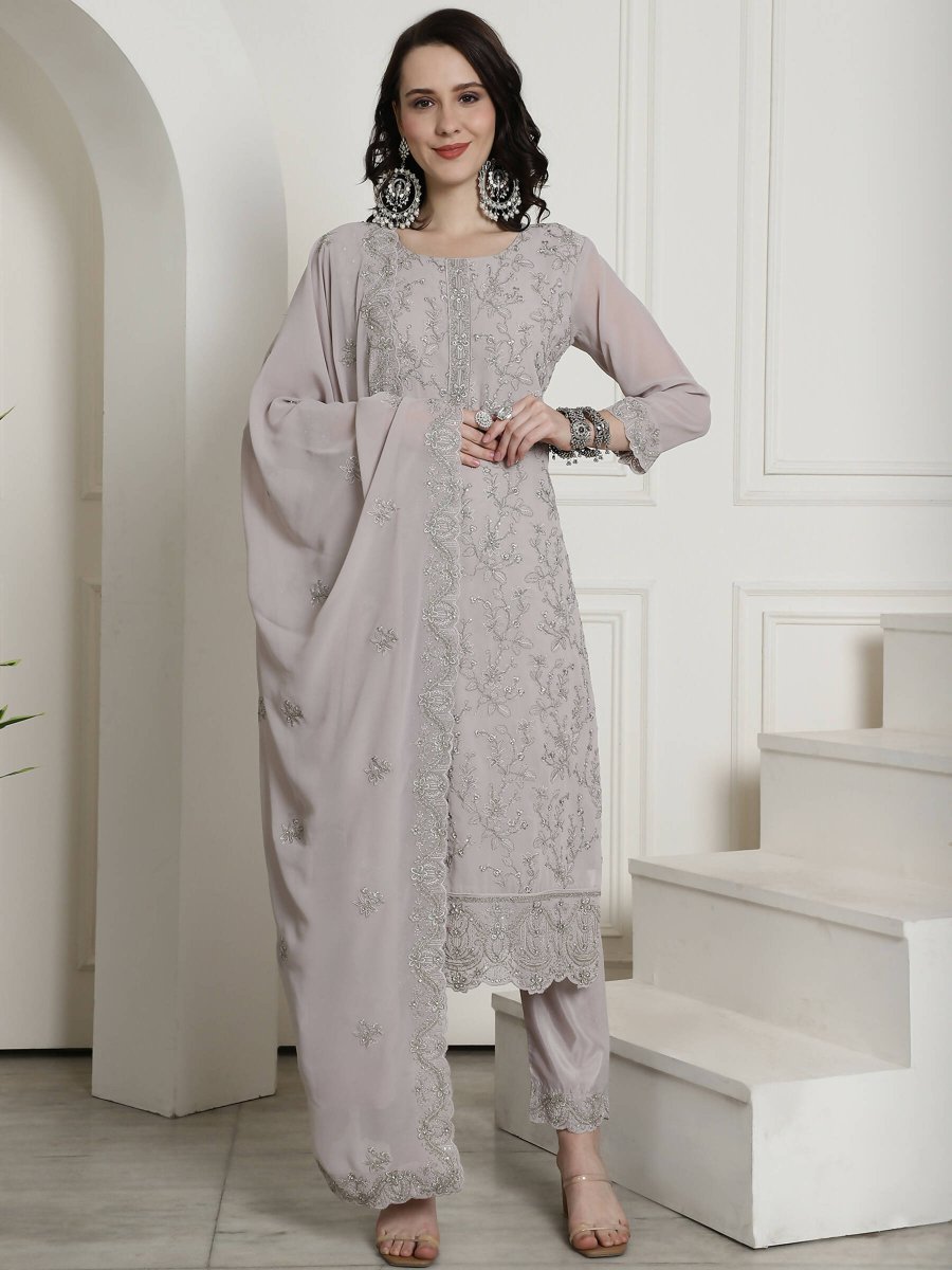 Aastha Fashion Women's Grey Georgette Floral Resham Thread with Cording & Crystal work Kurta with Trouser & Dupatta - Grab2buy