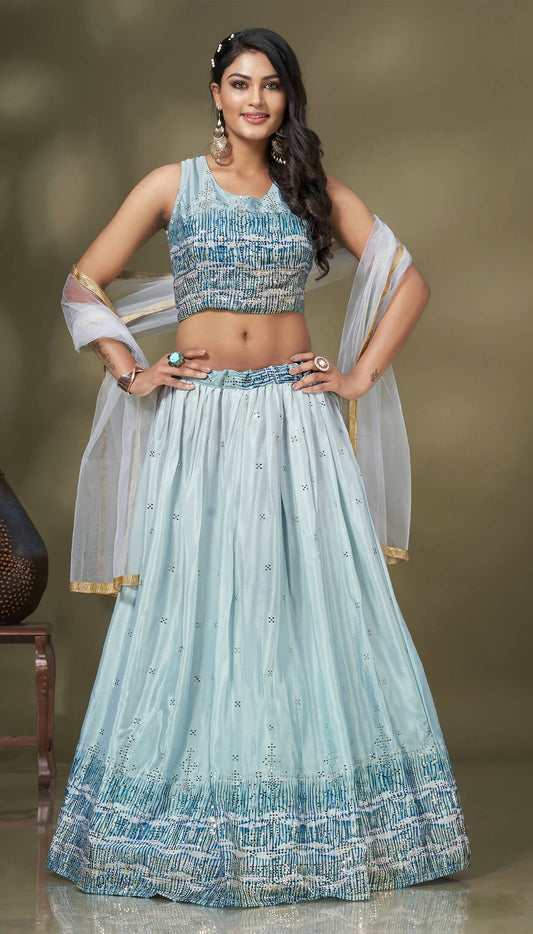 Blue Chinon Crush Mirror Foil work Lehenga Choli with Dupatta - Aakriti