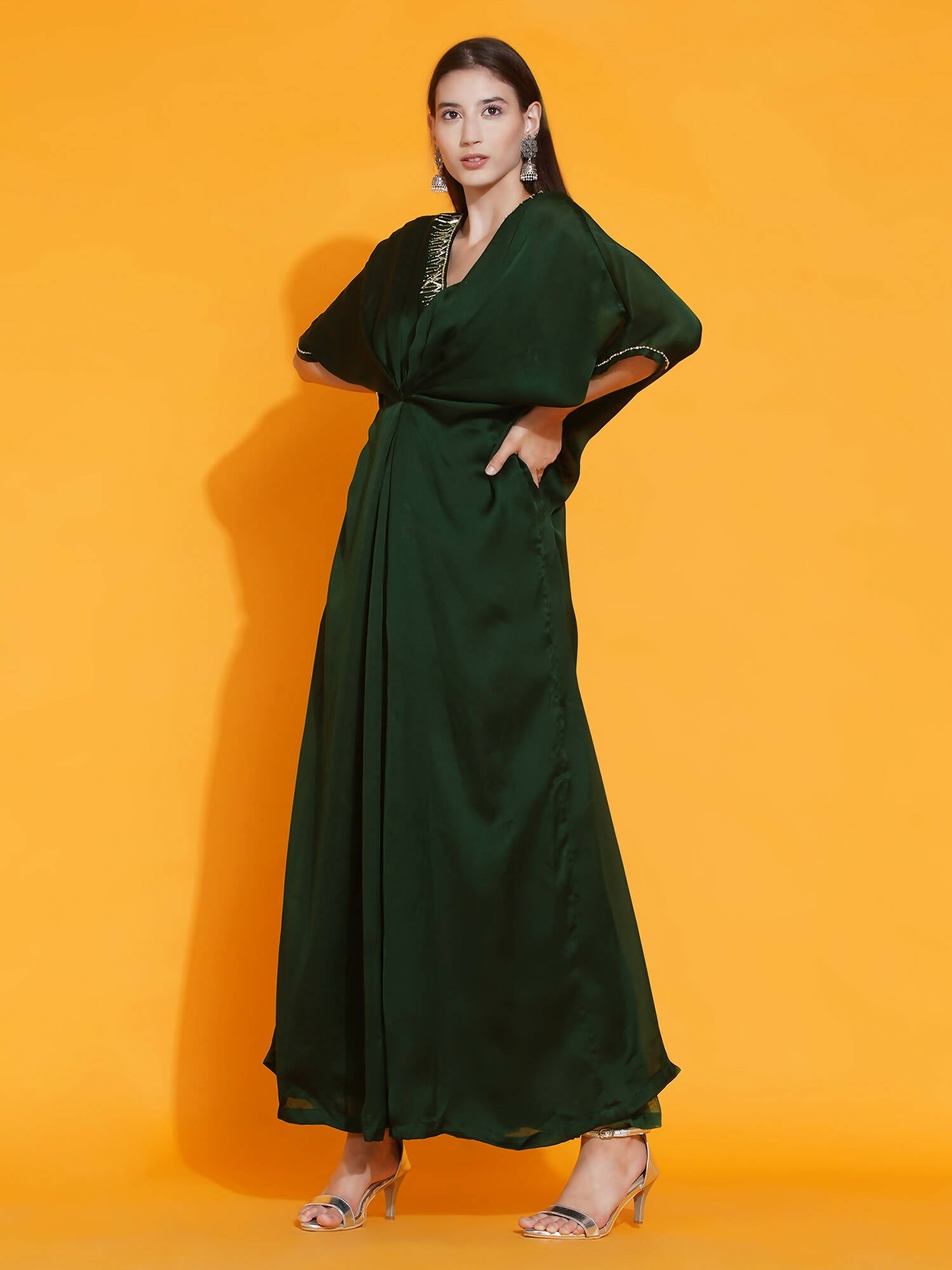 Women Republic Green Georgette Hand Embellished Kaftan Style Gown - Grab2buy