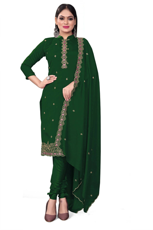 Green Silk Embroidered with Sequins work Unstitched Dress Material - Tanvi