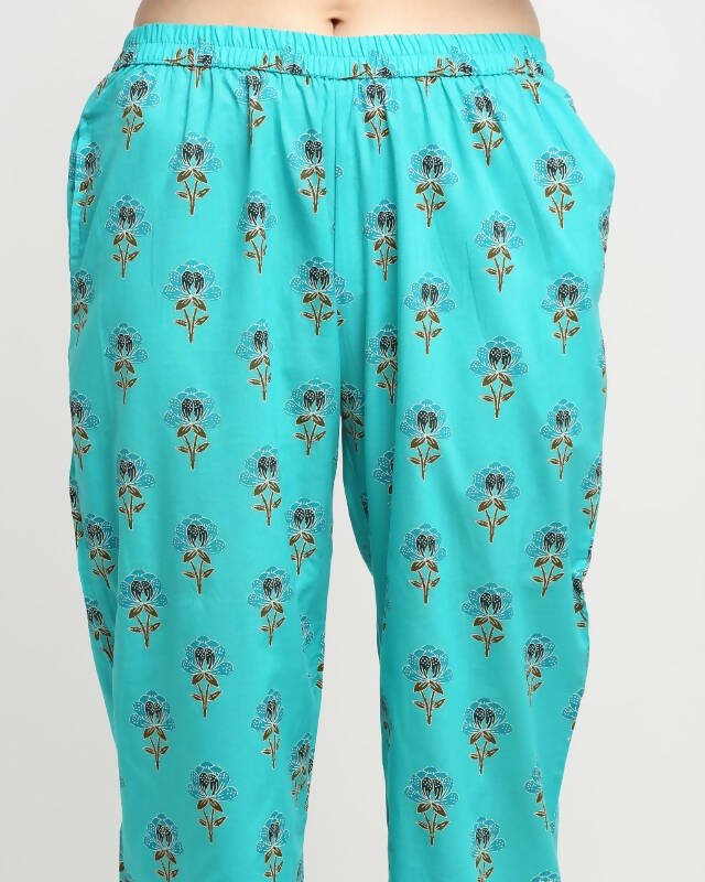 Aastha Fashion Women's Sky Blue Cotton Floral Printed Kurta with Trouser & Dupatta - Grab2buy