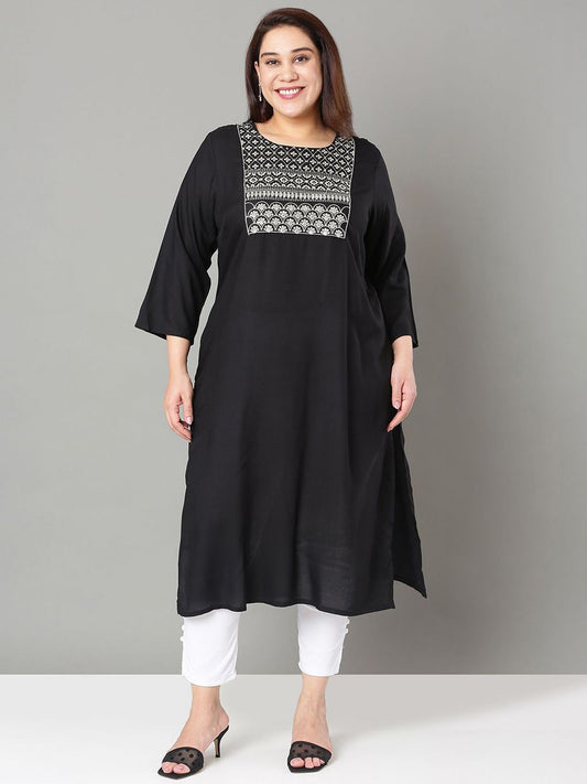 Sztori Plus Size Floral Yoke Design Sequinned Straight Kurta