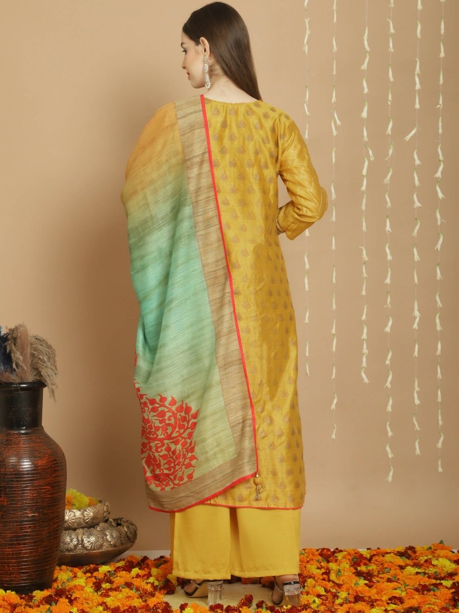 Aastha Fashion Women's Yellow Chanderi Silk Elegant Jardoshi Semi Kurta with Trouser & Dupatta - Grab2buy