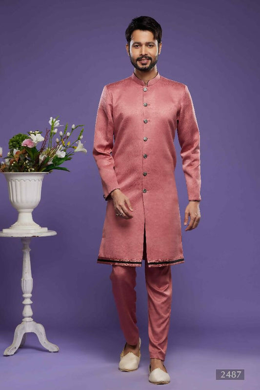 Raivat Ethnic Art Banarasi Silk Thread Work Kurta Pajama In Rust Pink Colour