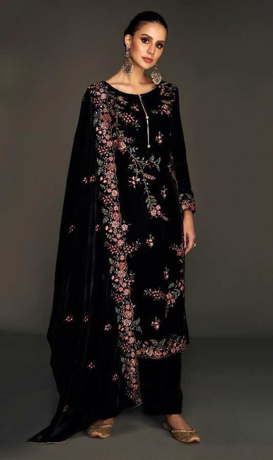Anaita Black Pure Velvet Stitched Suit with Heavy Embroidery Sequence Work
