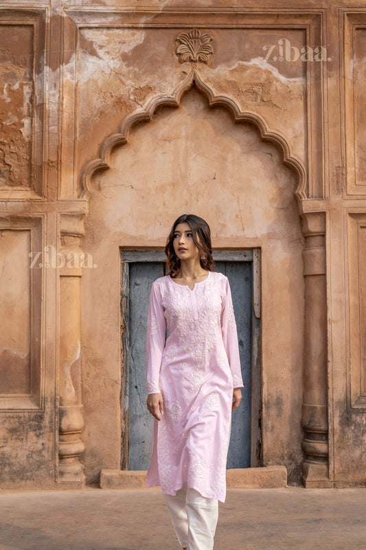 Zibaa Modal Blush Pink Long Chikankari Kurti | Grab2Buy