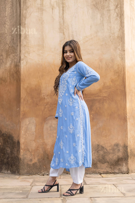 Zibaa Modal Powder Blue Long Chikankari Kurti | Grab2Buy